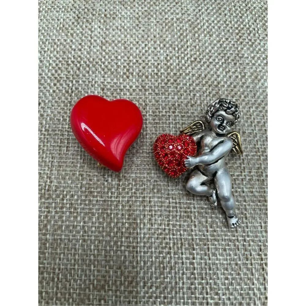 Valentines Bundle of 2 Brooches Silver Angel and Red Clay Heart